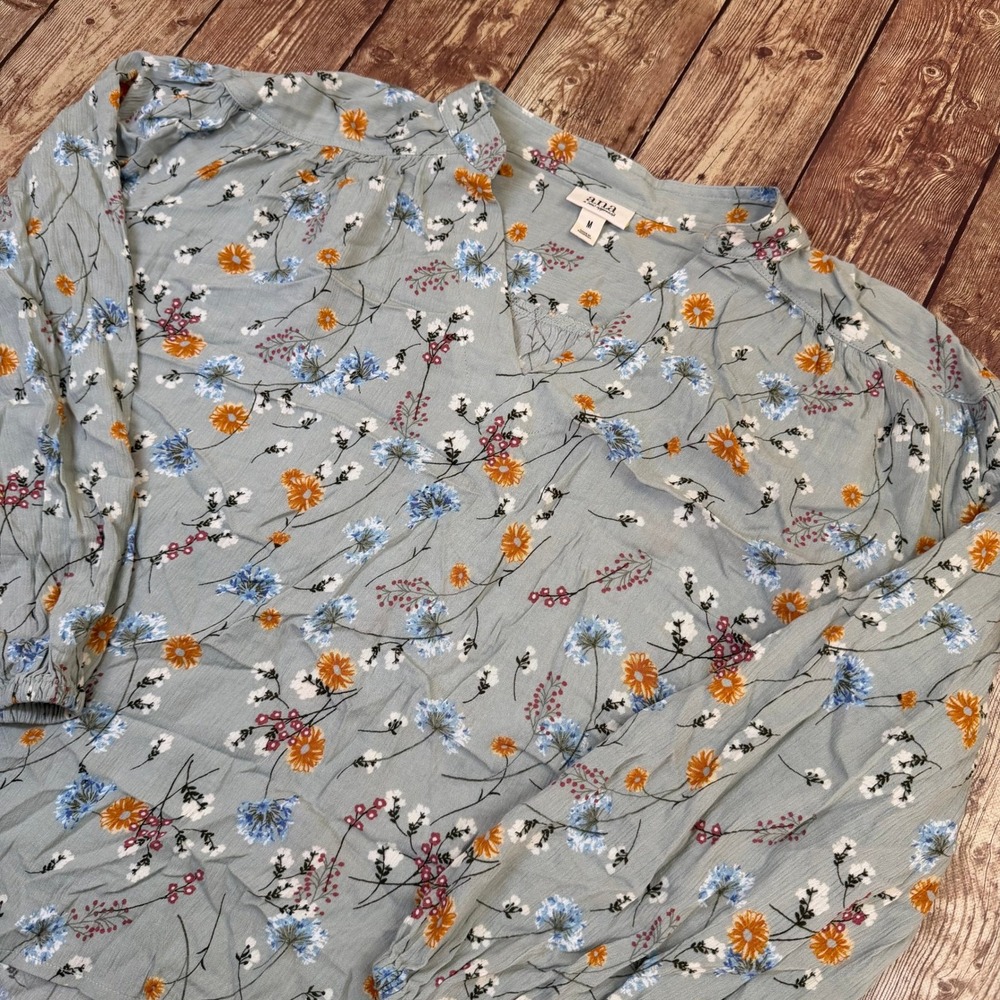ana Floral Blouse Womens Medium Blue/Green V Neck Long Sleeve Boho Relaxed Fit